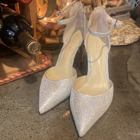 Aldo Silver Glitter Leather Stilettos Women’s size 10 - Picture 2 of 9